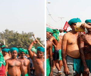 Left:A policeman swivels to point a video camera at the farmers behind as they raise their fists and shout slogans against the government.

Right: A few Tamil Nadu farmers gather to take a selfie, recording this historic moment.
