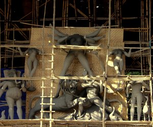 Work in progress at the community ('sarbonjonin' ) Durga Puja at Bagbazar in 2015 