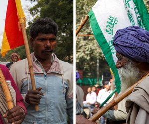 Left: Pausing, as I take a picture, their faces weary, yet determined.

Right: An elderly farmer from Punjab walks slowly, his back bent slightly as he shoulders the weight of the flag and his belongings.
