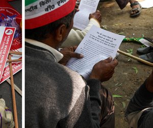 Left: Some of the farmers carried placards demanding the Swaminathan Commission’s recommendations must be implemented.
Right: Farmers from Uttar Pradesh look at a flyer in Hindi calling people to attend the march and offer support.
