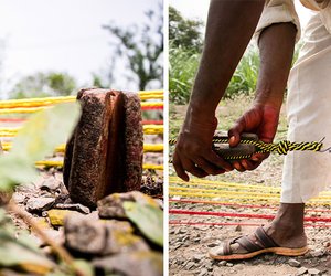 To make the multicoloured coils, Devu places a wooden karla or ‘top’ between the strands so that they can be twisted tightly and evenly