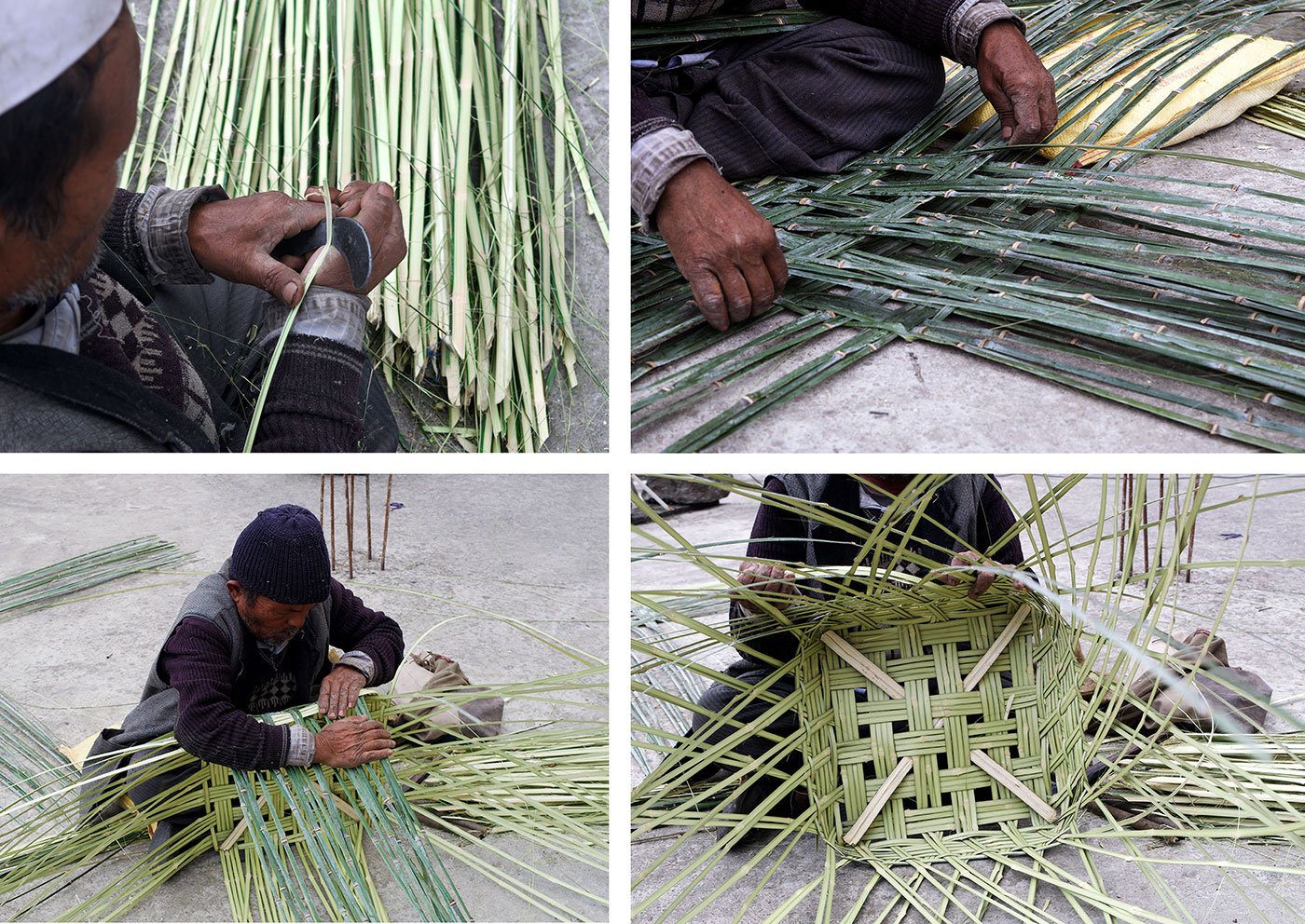 A man sitting on the terrace of his house and weaving bamboo baskets