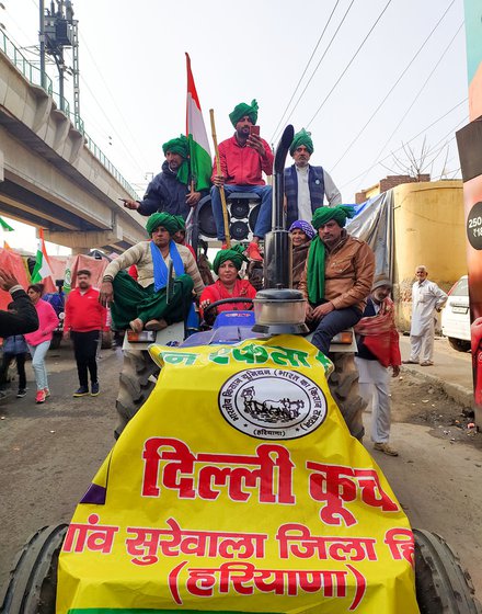 Left: Women from Surewala village in Haryana getting ready for the Republic Day tractor parade. Centre: Listening to speeches at the main stage. Right: Raj Kaur Bibi (here with her daughter-in-law at the Tikri border, says, 'The government will see the strength of women on January 26'