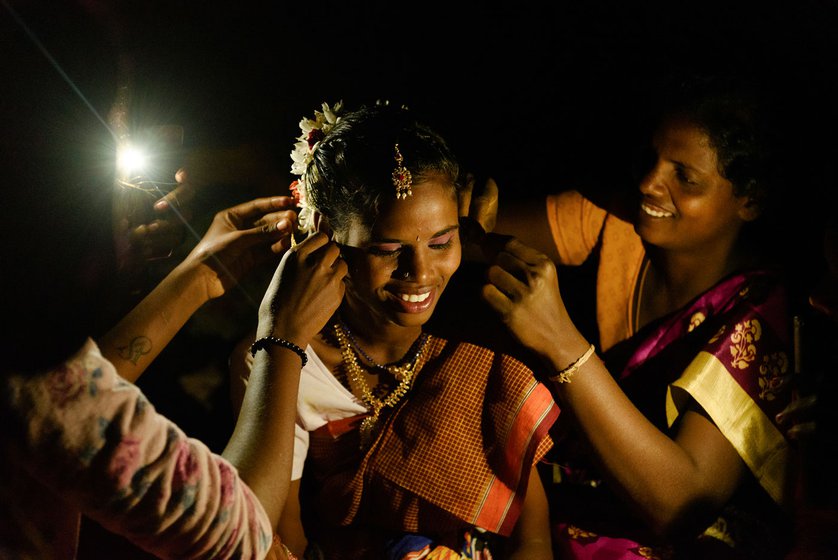 Nandhini (left) and Jayaram (right) belong to the Irular tribal community. They have come to Mamallapuram from Bangalamedu to take part in the Maasi Magam festival and will be getting married