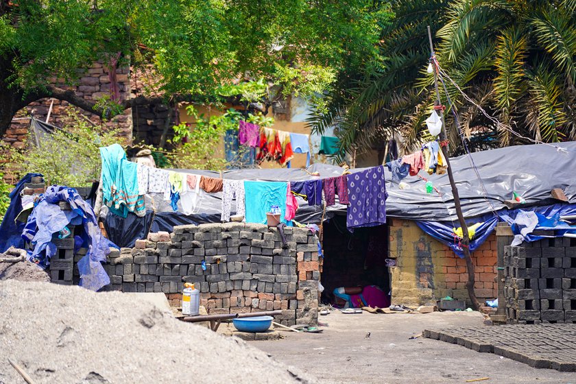 Left: Once the harvest season ends in the winter, migrant workers from Madhya Pradesh travel to Chhattisgarh to work at brick kilns. They stay here in temporary dwellings for six months until the monsoons.