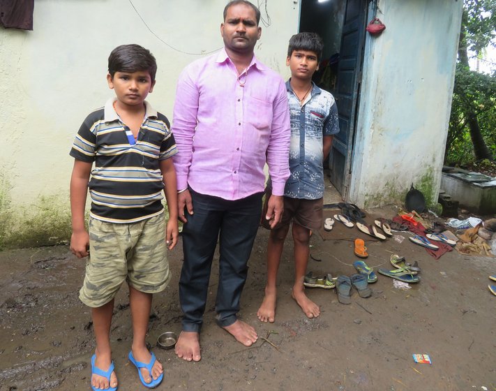 Left: When Raghu (standing behind his father Manish Pal) and his brother Sunny, moved with their parents from UP to Chennai to Maharashtra, at each stop, Raghu tried valiantly to go to school. Right: Manish and other migrant workers wait at labour nakas in Alibag every morning for contractors to hire them for daily wages