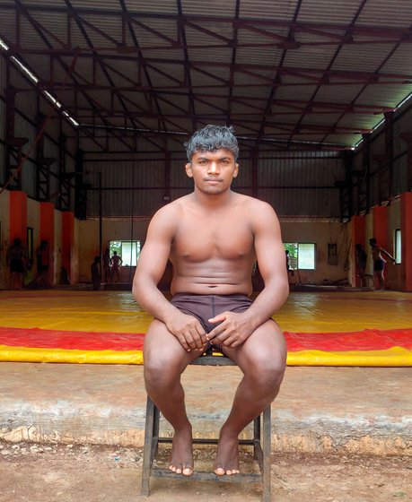 Left: Rushikesh Ghadge moved from Latur to Osmanabad to train in wrestling. Right: Practice session in the wrestling pit at Hatlai Kusti Sankul in Osmanabad