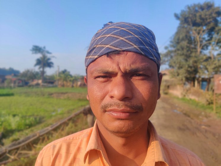 Rajendra Prasad in his farmland in Bankati, located on the border with Nepal. He wonders if his wife would have lived had the border not been sealed due to Covid-19 and they could have gone to the hospital there