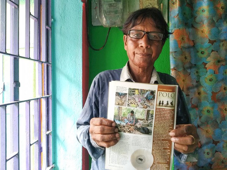 Ranjit shows his photographs of ball-making published in a Bangla magazine in 2015 (left) and (right) points at his photograph printed in a local newspaper in 2000