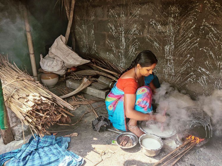 Left: Vijaya’s works in a small corner of her house. She calls this her workspace. It’s filled with the inverted pot, rice batter, dry coconut leaves and an old pickle jar amongst other things.