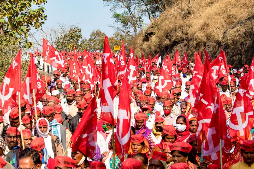 Left: The farmers from Nashik walked down Kasara ghat on the way to Mumbai. Right: Nutan Brahmane and Jijabai (with the mask) at Azad Maidan