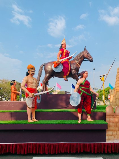 Tamil Nadu's tableau for the Republic Day parade, with Rani Velu Nachiyar (left), among others. The queen is an inspiration for Akshaya Krishnamoorthi