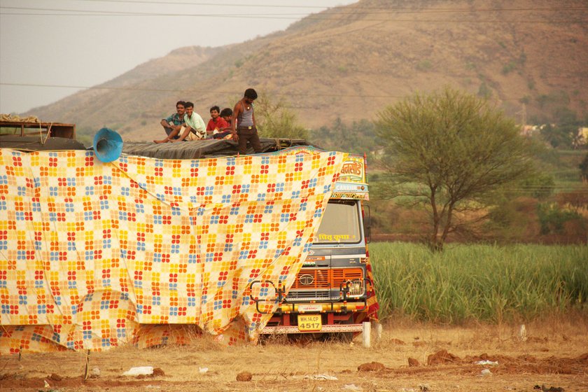 A part of the tamasha stage being erected on 4 May 2018 in Karavadi village, Satara district, in western Maharashtra