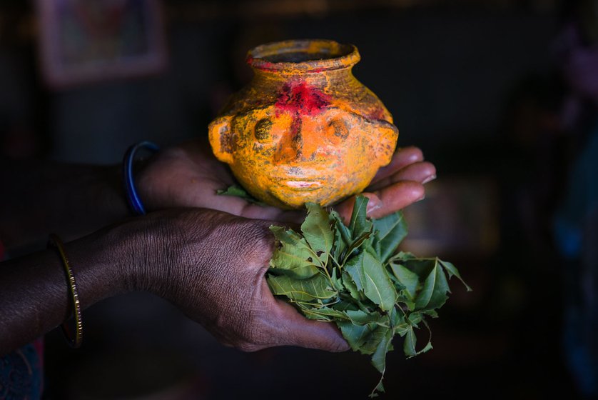 A kalasam (left) placed on neem leaves to symbolise Kanniamma in a temple (right) dedicated to her in Bangalamedu