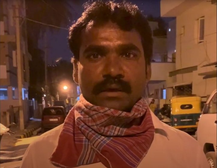 Left: Sundar Ramaswamy, president of the Dalit Sangharsha Samiti in the Banashankari locality says, 'You have to be out there to get food'. Right: Chandan Prajapati (left) and Manjay Prajapati from Uttar Pradesh, both carpenters, are fast running our of their slim savings

