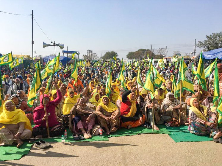 Left: Women from Surewala village in Haryana getting ready for the Republic Day tractor parade. Centre: Listening to speeches at the main stage. Right: Raj Kaur Bibi (here with her daughter-in-law at the Tikri border, says, 'The government will see the strength of women on January 26'