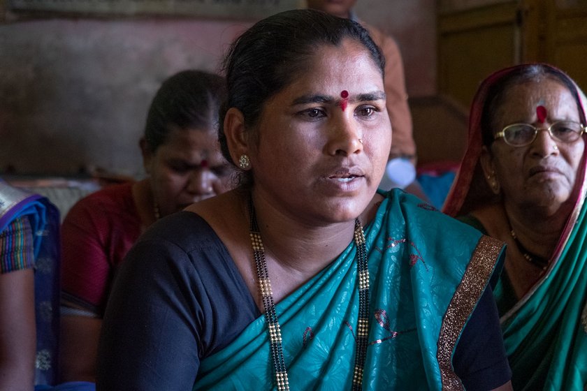 Left: Kusumtai Sonawane, in whose home the popular lullaby about Dr. Ambedkar's birth was recorded. Right: Pramila Kamble, lead singer of the group singing the paalana 

