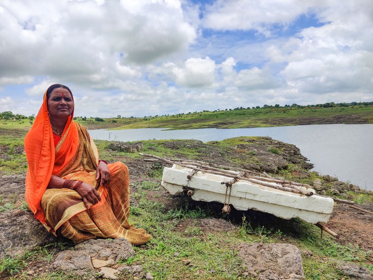 Left: Usha Shinde with her grandsons, Shambhu (in her lap) and Rajveer. Right: Indubai Shinde and the old thermocol raft of Sautada