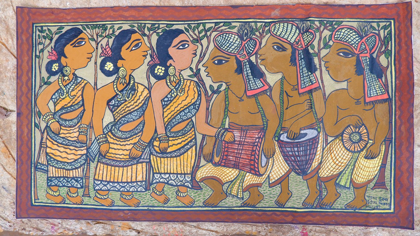 Paitkar painting depicting the Karam Dance, a folk dance performed to worship Karam devta – god of fate