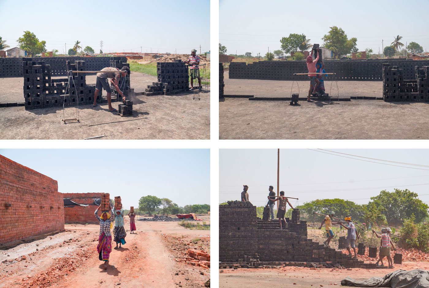 The brick carriers moved swiftly despite the blazing heat. Women carried 12 to 16 bricks per trip; men carried up to 34 at a time

