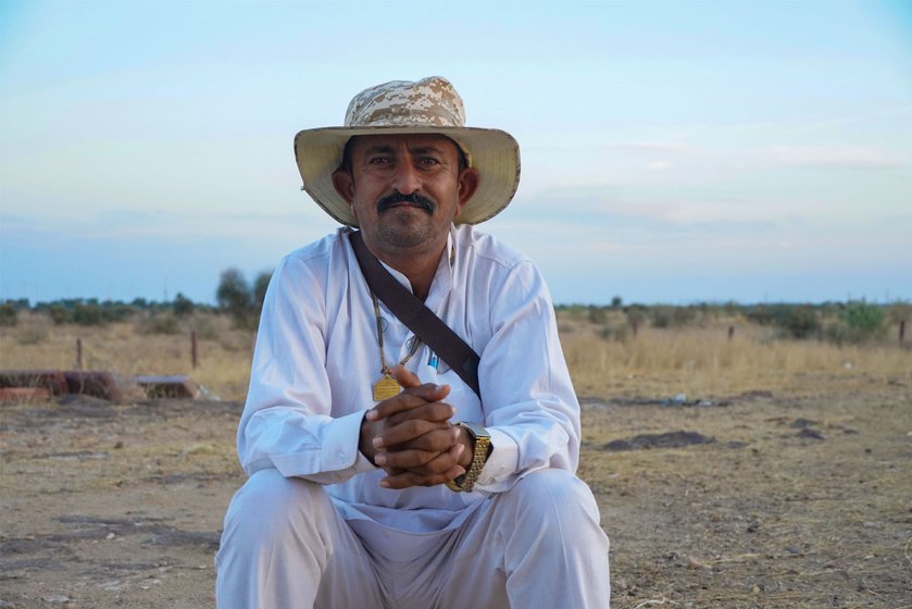 Left: Sumer Singh Bhati near the Degray oran where he cultivates different dryland crops.