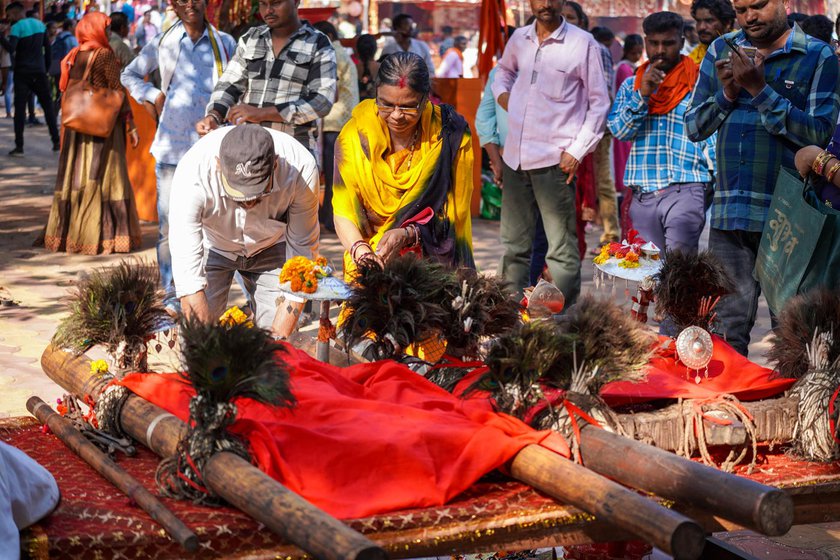 Left: Wooden palanquins representing Angadeos are brought from neighbouring villages.