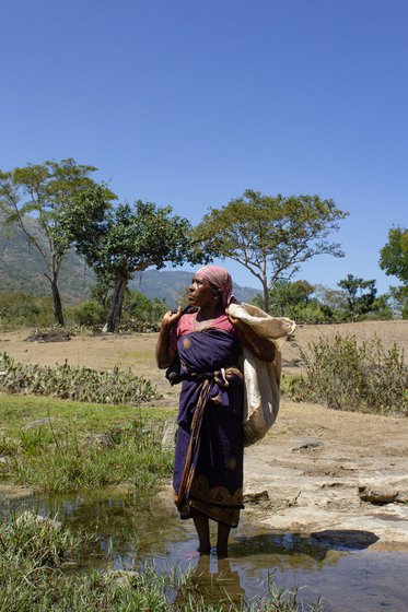 Left: Amma stops to look up at the blue sky in the forest. She was collecting cow dung a few seconds before this.