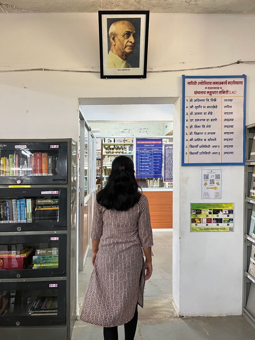 Asha in her college library (left). She has been inspired by the struggle of Savitribai Phule for women's right to education