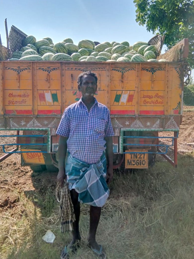 A farmer near Trichy with his watermelons loaded onto a truck. A few trucks are picking up the fruits now, but farmers are getting extemely low prices