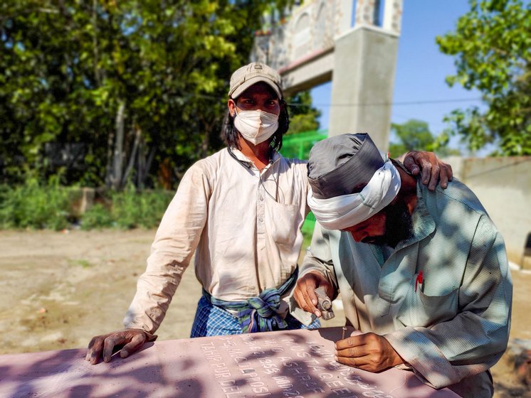 Asim, Aas and Waseem (left to right) engraving the mehrab: 'Every order that we take, the family has to wait for at least 20 days'