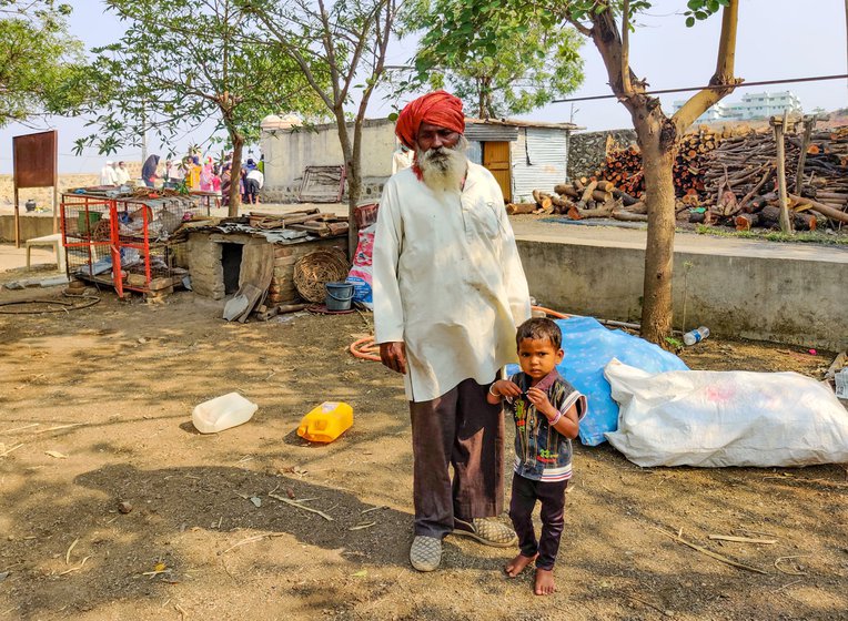 Left: Piles of wood in front of the Gandewad's home on the cremation grounds. Right: Rama Gandewad and Sarika, his three-year-old daughter