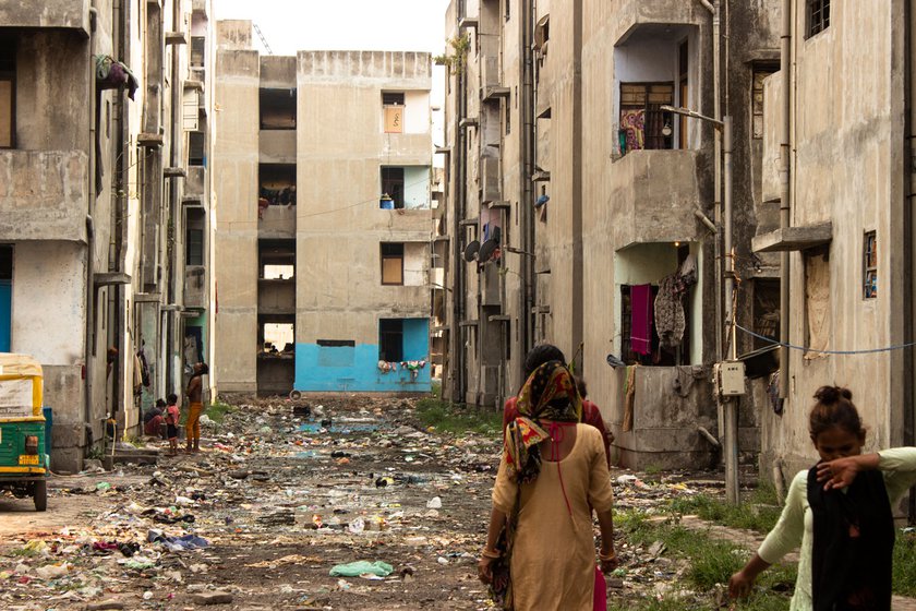 Right: Char Maliya building complex in Vatva, Ahmedabad, where the women live