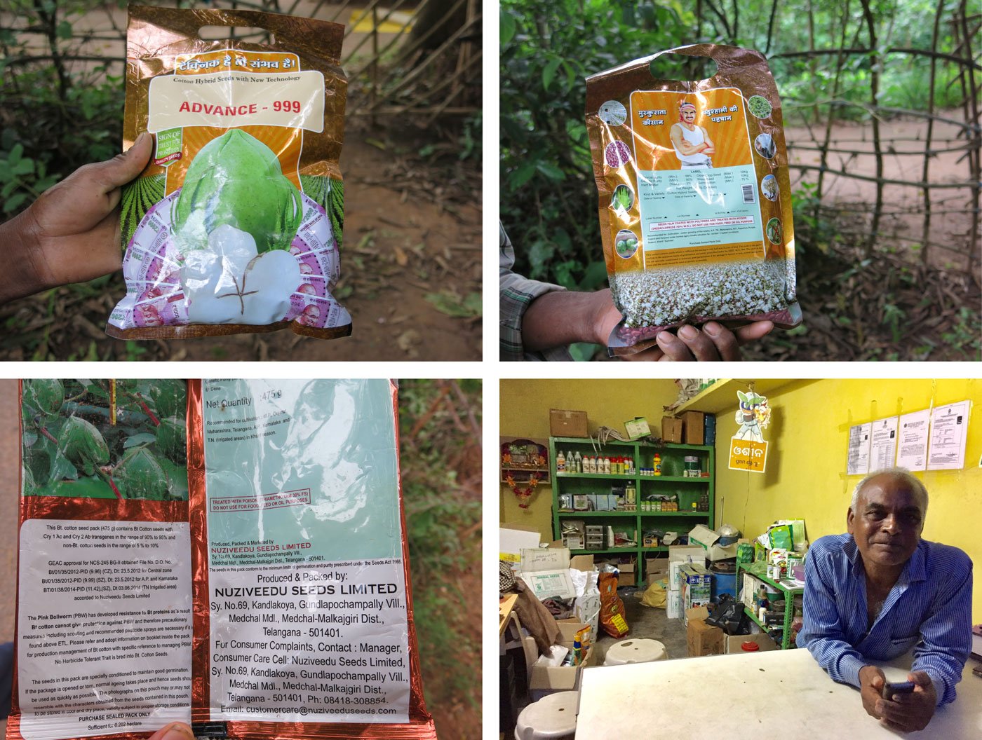 Top left and right-GM cotton seeds marketed to Adivasi farmers lack mandatory labelling, are sold at prices beyond official caps, and are in most cases, do not list Odisha as among the recommended states for cultivation.
Bottom left-IMG_2727-GM cotton seeds marketed to Adivasi farmers lack mandatory labelling, are sold at prices beyond official caps, and in most cases, do not list Odisha as among the recommended states for cultivation.
Bottom right-Prasad Chandra Panda-Former government agriculture officer Prasad Chandra Panda at his seeds and inputs shop in Bishamakatak on a July evening.