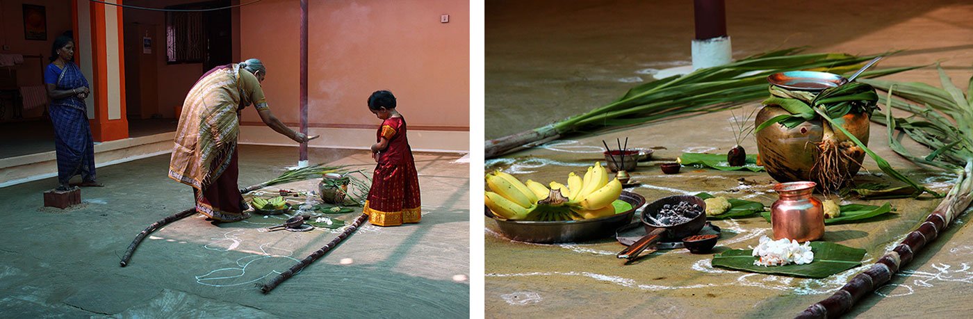 Pongal celebration at Karthikeya's house: his mother (centre) performs the puja and Kundavi prays