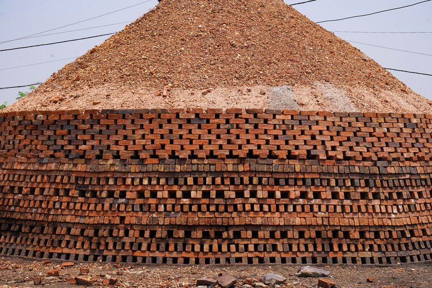 Left: Bricks piled up after firing.