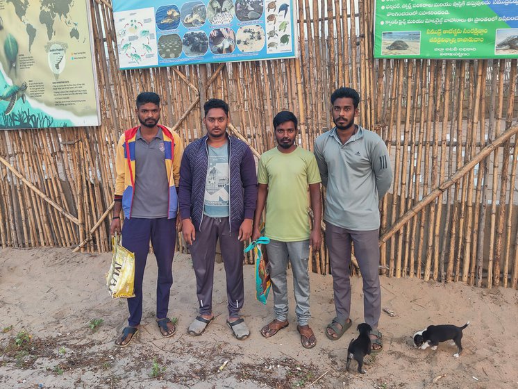 Left: B. Raghu, E. Prudhvi Raj, R. Easwar Rao, and G. Gangaraju work as guards at the Sagar Nagar hatchery. Right: Turtle eggs buried in sand at the hatchery