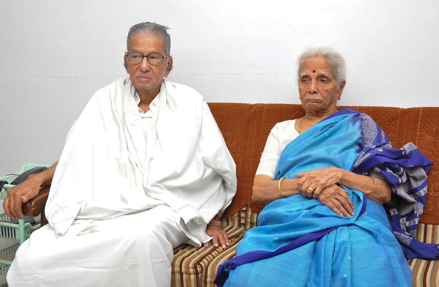 Left: Sankariah in his party office library in 2013 – he had just inaugurated it. Right: With his wife S. Navamani Ammal in 2014 on his 93rd birthday. Navamani Ammal passed away in 2016

