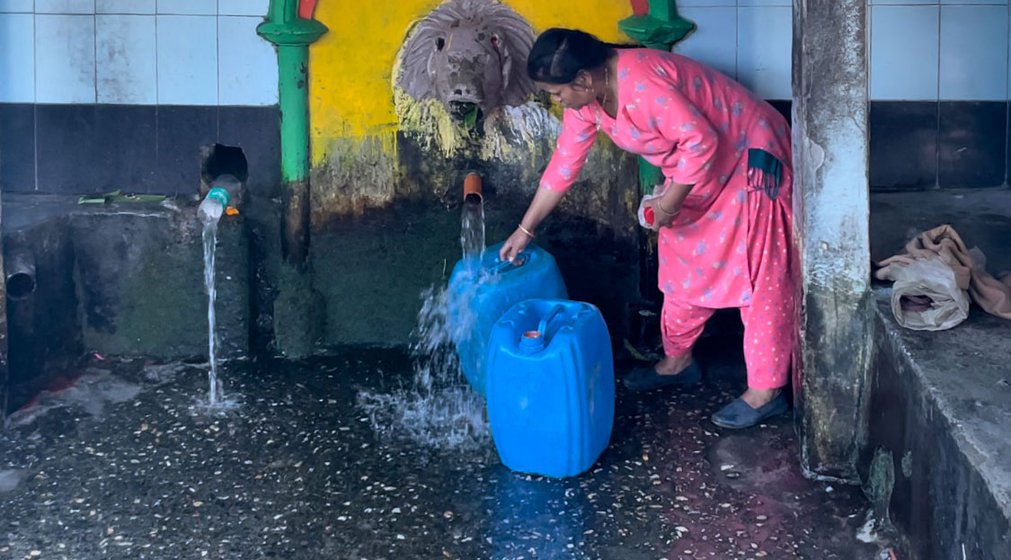 Right: Asti Thami filling water in cans that she will later deliver to customers