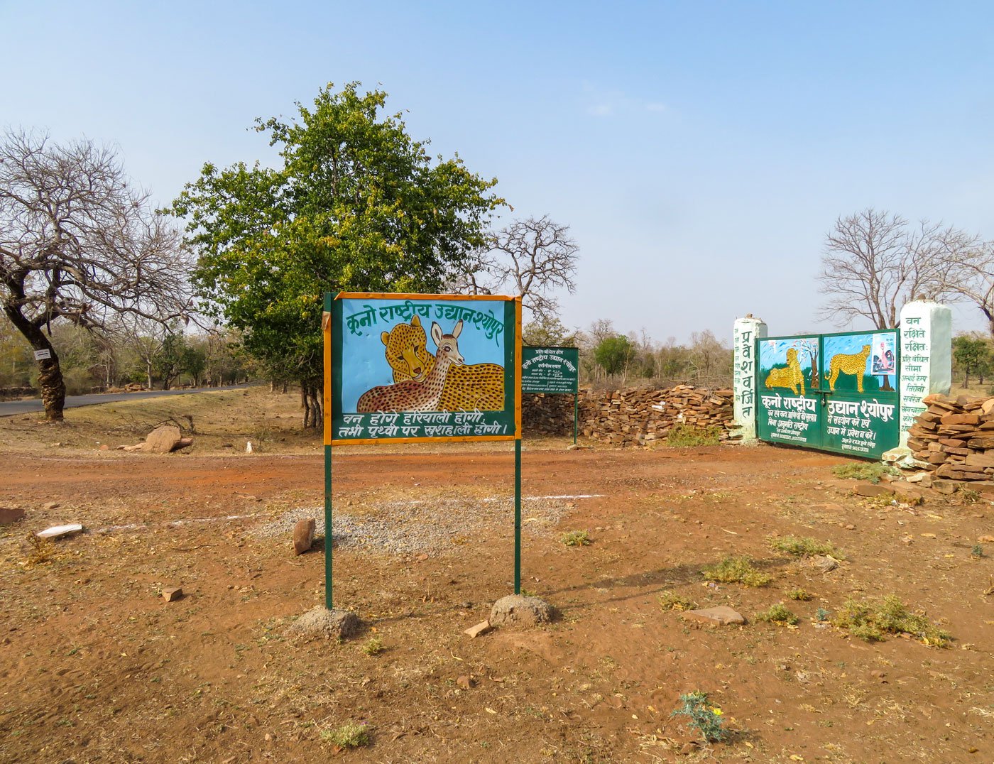 Painted images of cheetahs greet the visitor at the entrance of Kuno National Park in Madhya Pradesh's Sheopur district