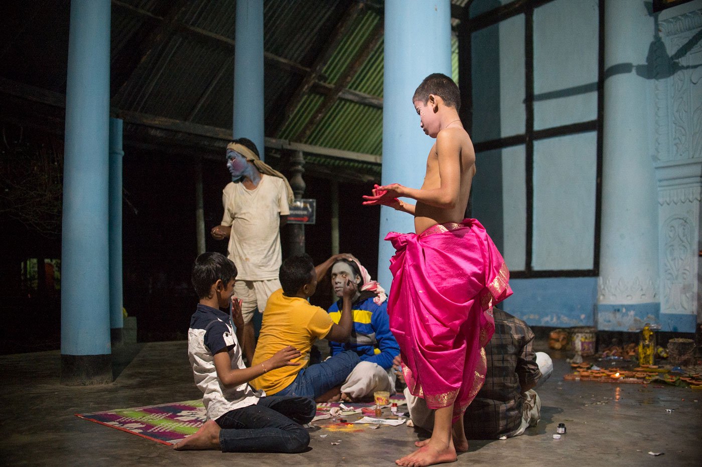 Monks of the Uttar Kamalabari Satra getting ready for their 2016 performance at the Raas Mahotsav