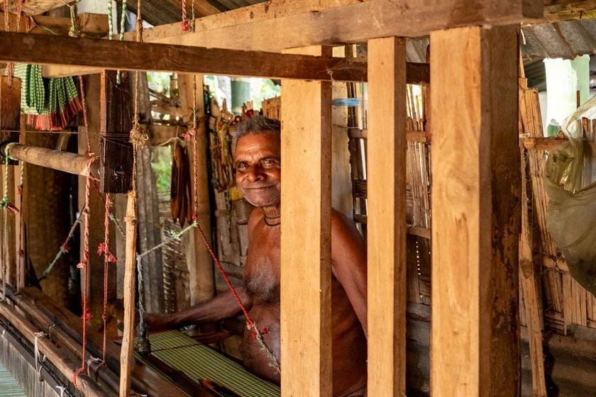 Left: Roopchand began his journey as a weaver with nakshi sarees which had elaborate floral motifs. But in the 1980s, they were asked by the state emporium to weave cotton sarees with no designs. By 2005, Roopchand had switched completely to weaving only gamcha s.