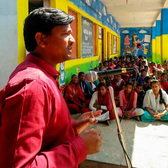 Left: Ashok Tangde and Tatwashil Kamble (right) with a retired migrant worker (centre). Right: Kamble talking to students about child marriage