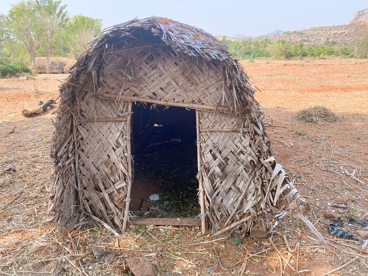 A now-dilapidated room constructed for menstruating women in D. Hosahalli. Right: A hut used by a postpartum Kadugolla woman in Sathanur village