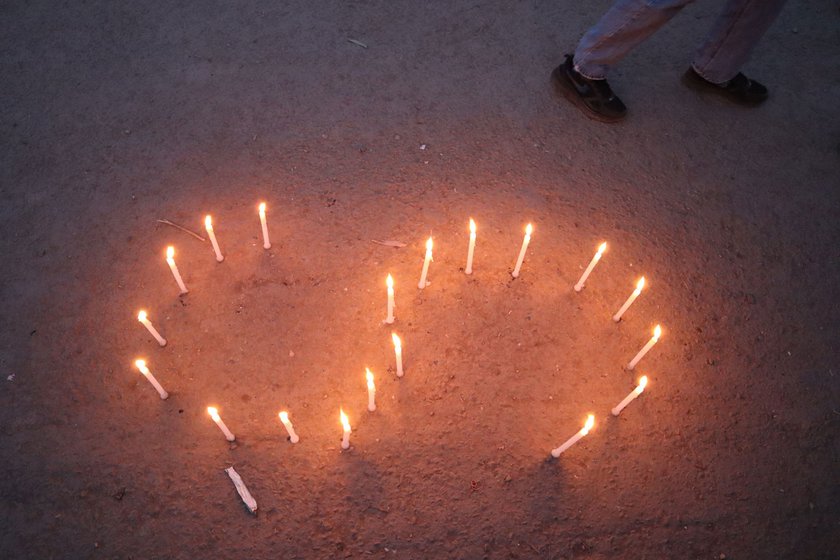 At the candle light march for Shubhkaran Singh. The farmers gathered here say that the Centre has failed them on many counts