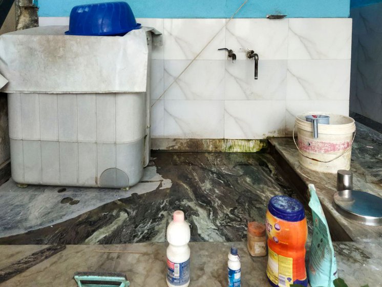 Utensils (left) and the washing area (centre) that are kept separate for menstruating females in Lata's home. Gau mutra in a bowl (right) used to to 'purify'