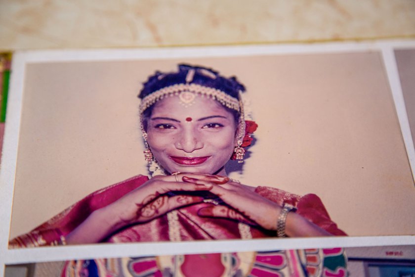 Photos from the wedding album of Saranya and Muthu. The bride Saranya (right) is all smiles