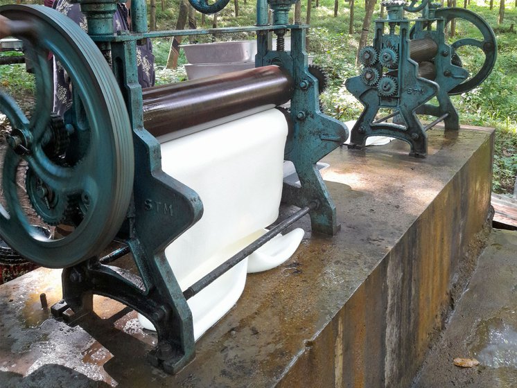 Left: The machines in which the coagulated latex thins out and gets a shape.