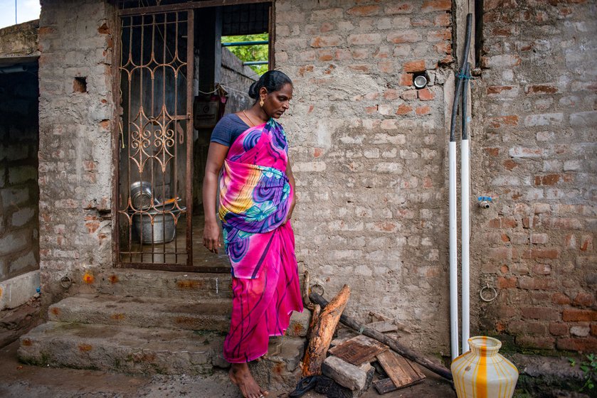 Maneesha in front of the house (left) she built with her earnings. She also keeps cows (right), goats and chickens to supplement her income from selling fish