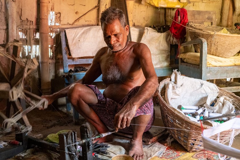 Right: Roopchand winding thread to form skeins