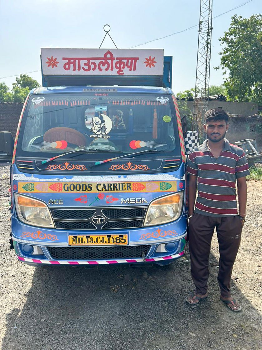 Right: Unable to sustain himself, Vikas Korde stopped playing and purchased a second-hand tempo to transport farm produce from his village to the market in Hingoli